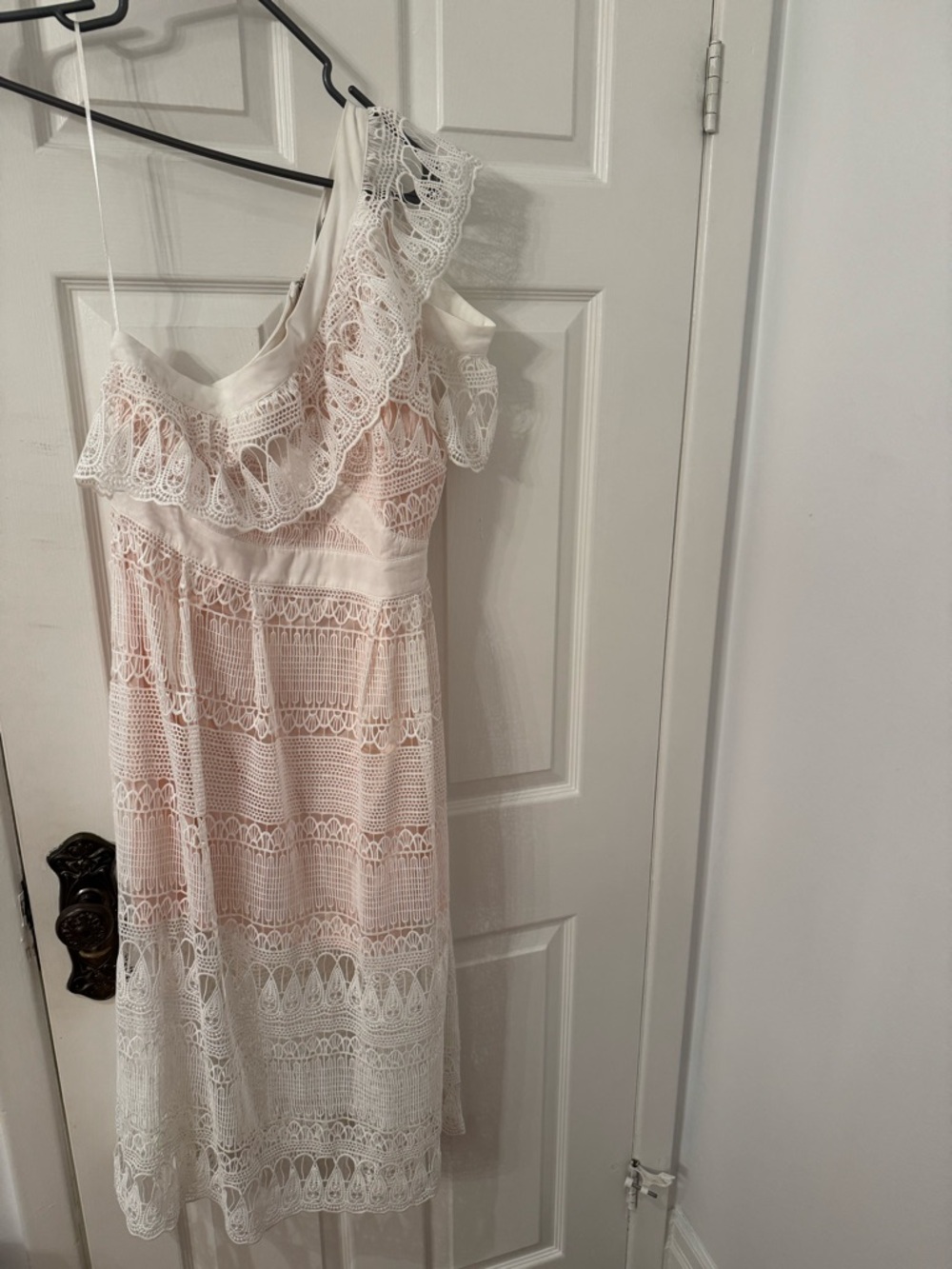 One-Shoulder Lace Midi Dress in White